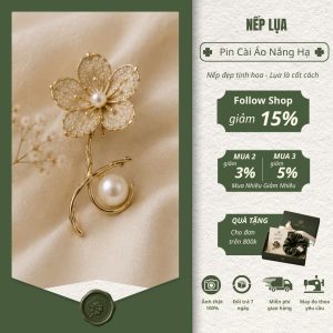 pin cài áo nắng hạ mạ vàng đính ngọc trai cao cấp nếp lụa