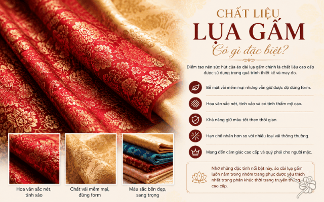 Chất liệu áo dài lụa gấm cao cấp với hoa văn dệt nổi tinh xảo
