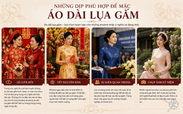 Áo dài lụa gấm được sử dụng trong các dịp cưới hỏi và sự kiện quan trọng