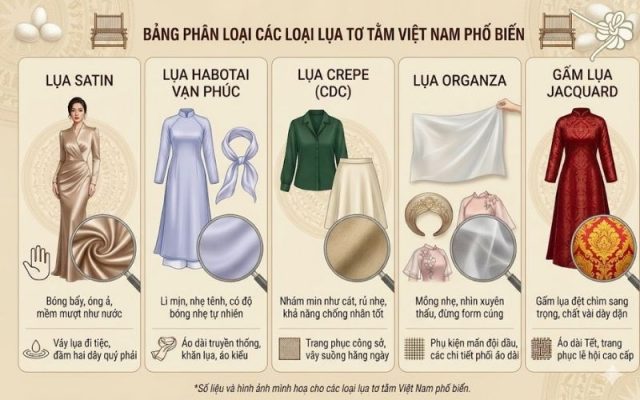 phân biệt lụa tơ tằm có mấy loại phổ biến như satin habotai và gấm vạn phúc