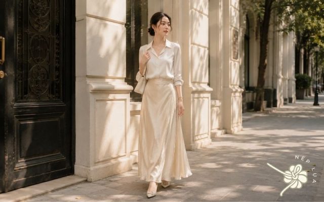 váy lụa dài mặc với áo gì