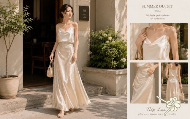 váy lụa dài mặc với áo gì