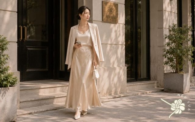 váy lụa dài mặc với áo gì