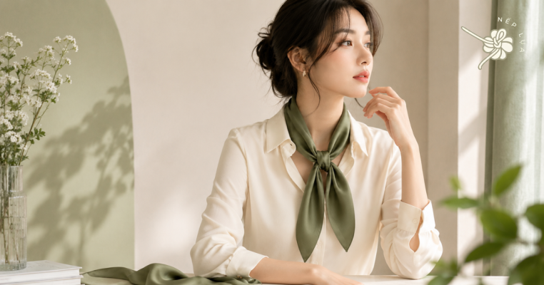 cách phối khăn lụa với áo sơ mi